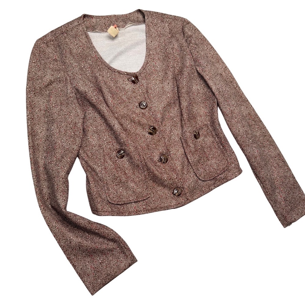 Vintage 70s Brown Tweed Blazer XS Tailored Jacket Medium Academia Office Career - Picture 12 of 13